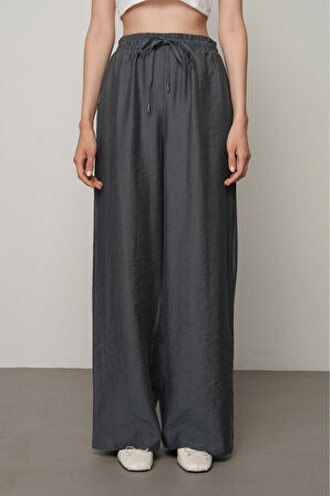 Kadın Düz Renk Beli Lastikli Bol Paça Pantolon