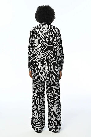 KADIN BELİ LASTİKLİ BOL PAÇA DESENLİ JAKARLI PANTOLON