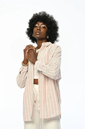 KADIN ÇİZGİLİ OVERSİZE KESİM GÖMLEK