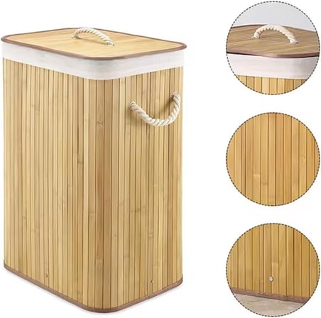 Ekolojik Bambu Çok Amaçlı Saklama Sepeti, Pamuk Bez İç Astarlı, Kapaklı ve Halat Saplı Modern ve Minimalist Tasarım (İkili)