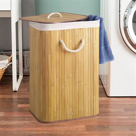 Ekolojik Bambu Çok Amaçlı Saklama Sepeti, Pamuk Bez İç Astarlı, Kapaklı ve Halat Saplı Modern ve Minimalist Tasarım (İkili)