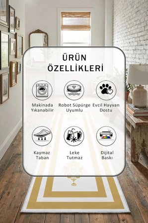 Black Punto Beyaz Gold Yıkanabilir Yolluk Halı Kaymaz Taban Salon Mutfak Beyaz Gold