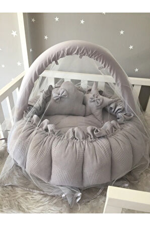 Nest Gri Pike Kumaş Tasarım Açılır - Kapanır Oyun Minderi Cibinlik Aparatlı Jaju-babynest