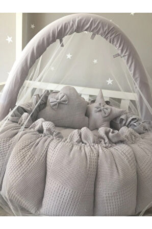 Nest Gri Pike Kumaş Tasarım Açılır - Kapanır Oyun Minderi Cibinlik Aparatlı Jaju-babynest