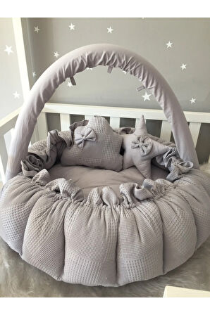 Nest Gri Pike Kumaş Tasarım Açılır - Kapanır Oyun Minderi Cibinlik Aparatlı Jaju-babynest