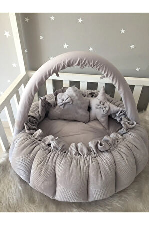 Nest Gri Pike Kumaş Tasarım Açılır - Kapanır Oyun Minderi Cibinlik Aparatlı Jaju-babynest