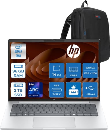 Hp Elitebook 8G1I Intel Ultra7 255H 96GB Ddr5 2tb SSD Intel® Arc™ 140T Gpu Wuxga (1920X1200) IPS 300NIT Freedos Taşınabilir Bilgisayar AD3S5ETF34+ZETTAÇANTA