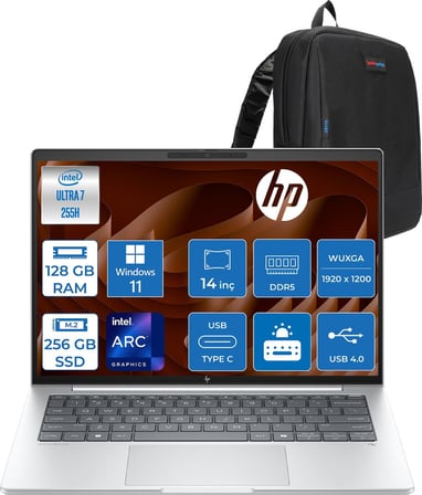 Hp Elitebook 8G1I Intel Ultra7 255H 128GB Ddr5 256GB SSD Intel® Arc™ 140T Gpu Wuxga (1920X1200) IPS 300NIT WIN11PRO Taşınabilir Bilgisayar AD3S5ETP36+ZETTAÇANTA