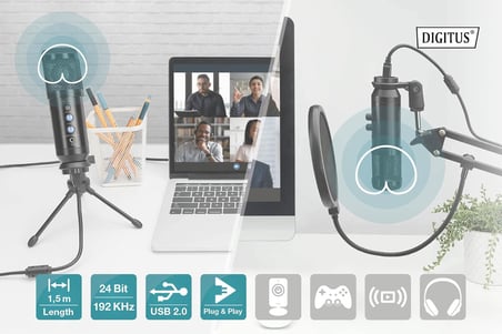 USB kondansatörlü mikrofon, profesyonel set, mikrofon kollu, pop koruması ve rüzgar koruması, siyah