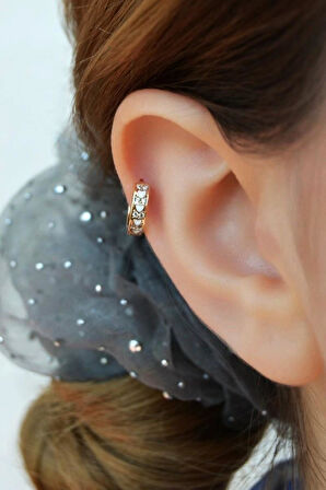 Zirkon Taş Detaylı Sıralı Beyaz Kalpli Helix Küpesi Kıkırdak Lob Tek Adet