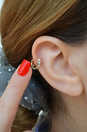 Zirkon Taş Detaylı Sıralı Beyaz Kalpli Helix Küpesi Kıkırdak Lob Tek Adet