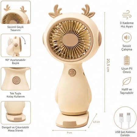 Sevimli Geyik Tasarımlı Mini El Fanı – USB Şarjlı Sessiz Taşınabilir Masaüstü Vantilatör 5669 (gold)