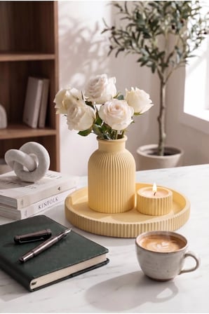 Senfoni Vazo Dekoratif Set - Modern Minimalist Estetik Tasarım Dekoratif Set - Pilli Mum, Mumluk Ve Tepsi Dahil Ev Ofis Salon Dekorasyonu İçin Şık Kompozisyon - Ahenk Tasarım