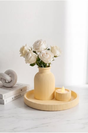 Senfoni Vazo Dekoratif Set - Modern Minimalist Estetik Tasarım Dekoratif Set - Pilli Mum, Mumluk Ve Tepsi Dahil Ev Ofis Salon Dekorasyonu İçin Şık Kompozisyon - Ahenk Tasarım