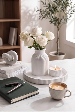 Senfoni Vazo Dekoratif Set - Modern Minimalist Estetik Tasarım Dekoratif Set - Pilli Mum, Mumluk Ve Tepsi Dahil Ev Ofis Salon Dekorasyonu İçin Şık Kompozisyon - Ahenk Tasarım