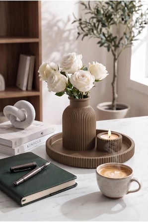 Senfoni Vazo Dekoratif Set - Modern Minimalist Estetik Tasarım Dekoratif Set - Pilli Mum, Mumluk Ve Tepsi Dahil Ev Ofis Salon Dekorasyonu İçin Şık Kompozisyon - Ahenk Tasarım