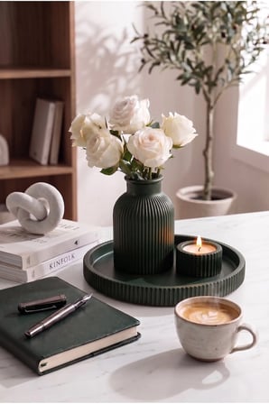 Senfoni Vazo Dekoratif Set - Modern Minimalist Estetik Tasarım Dekoratif Set - Pilli Mum, Mumluk Ve Tepsi Dahil Ev Ofis Salon Dekorasyonu İçin Şık Kompozisyon - Ahenk Tasarım