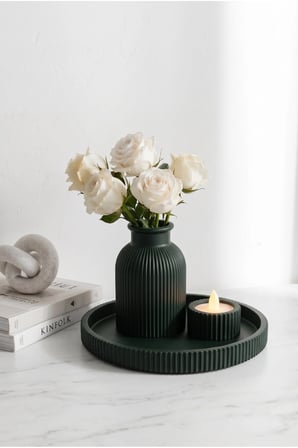 Senfoni Vazo Dekoratif Set - Modern Minimalist Estetik Tasarım Dekoratif Set - Pilli Mum, Mumluk Ve Tepsi Dahil Ev Ofis Salon Dekorasyonu İçin Şık Kompozisyon - Ahenk Tasarım