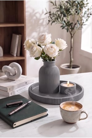 Senfoni Vazo Dekoratif Set - Modern Minimalist Estetik Tasarım Dekoratif Set - Pilli Mum, Mumluk Ve Tepsi Dahil Ev Ofis Salon Dekorasyonu İçin Şık Kompozisyon - Ahenk Tasarım