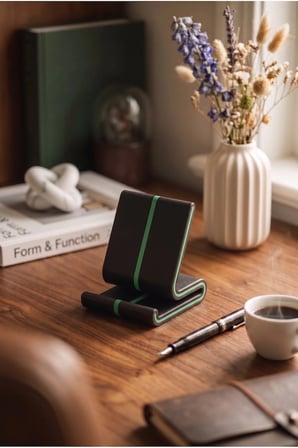 Vero Siyah Üzeri Yeşil Şeritli Masaüstü Telefon Tutucu ve Tablet Standı - Modern Oyuncu Aksesuarı