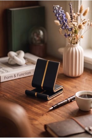 Vero Siyah Üzeri Gold Şeritli Masaüstü Telefon Tutucu ve Tablet Standı - Modern Oyuncu Aksesuarı