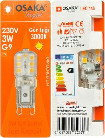Osaka 3W Sarı Işık 3000K Dim Edilebilir G9 Duylu LED Kapsül Ampul, 6 Adet
