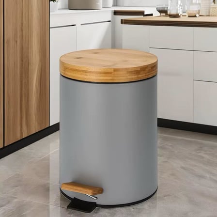 Bambu Kapaklı Metal Çöp Kovası – Hidrolik Sistemli Yavaş Kapanma Özellikli, Pedallı, Banyo ve Mutfak İçin Şık ve Fonksiyonel Tasarım (Gri, 3 Litre)