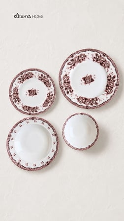 Burgundy Romance 24 Parça Desenli Porselen Yemek Takımı – Şık Sofra Seti Bordo Vintage