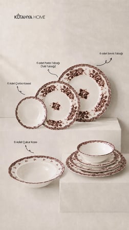Burgundy Romance 24 Parça Desenli Porselen Yemek Takımı – Şık Sofra Seti Bordo Vintage