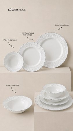 Ivory 24 Parça GÜMÜŞ Porselen Yemek Takımı - 6 Kişilik