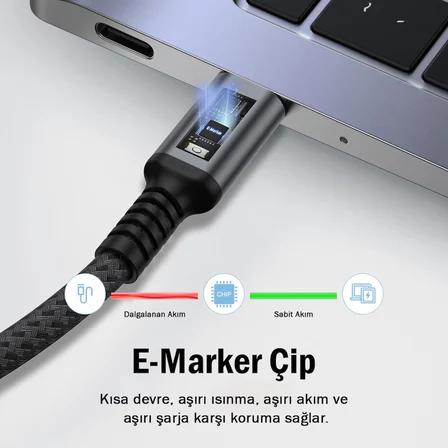 Şarj ve Veri Aktarım Kablosu 20V5A, Type C'den Type C'ye, 100W, Çift Kat Örgülü (Gri, 2 metre)