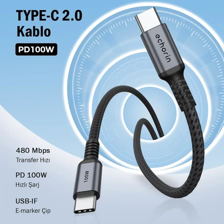 Şarj ve Veri Aktarım Kablosu 20V5A, Type C'den Type C'ye, 100W, Çift Kat Örgülü (Gri, 2 metre)