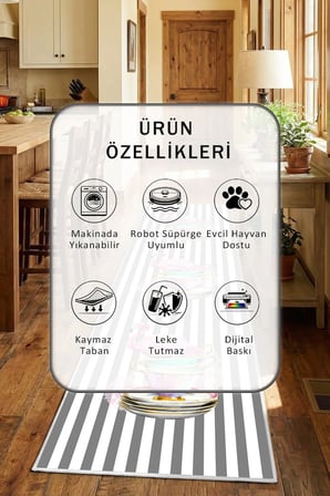 Fincanlı Flamingo Çizgiler Gri Beyaz Modern Mutfak Halısı Yıkanabilir Kaymaz Su İtici