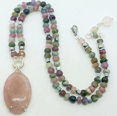 2437 Çilek Kuvars Turmalin düğümlü el yapımı kolye