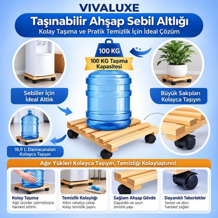 Ahşap Damacana Taşıyıcı, 360° Döner Tekerlekli, Doğal Çam Ağacı, 5 Galon Uyumlu, Kolay Hareket Damacana, Su Sebil Altlığı.