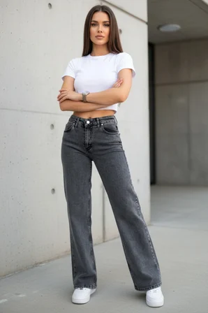 Nova Kadın Yüksek Bel Füme Salaş Jeans Wide Leg Geniş Paça Palazzo Kot Pantolon