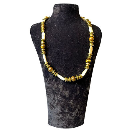 Uretti - Özlem 9422 0140 El Yapımı Gold Hematit / Kaplan Gözü ve Sedef Doğal Taş Kolye