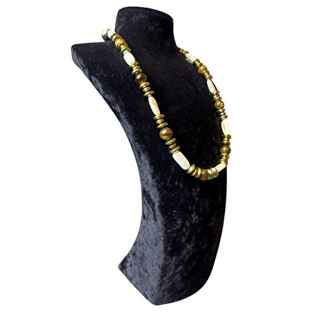 Uretti - Özlem 9422 0140 El Yapımı Gold Hematit / Kaplan Gözü ve Sedef Doğal Taş Kolye