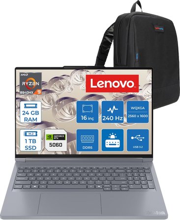 Lenovo Thinkbook 16P Gen6 Adr Amd Ryzen™ 9 8940HX Aı 24GB Ddr5 1tb SSD RTX5060/8GB 115W 16" Wqxga (2560X1600) IPS 500NITS 240Hz Hdr™ 400 Freedos Gaming Bilgisayar 21U00014TXF08+ZETTAÇANTA