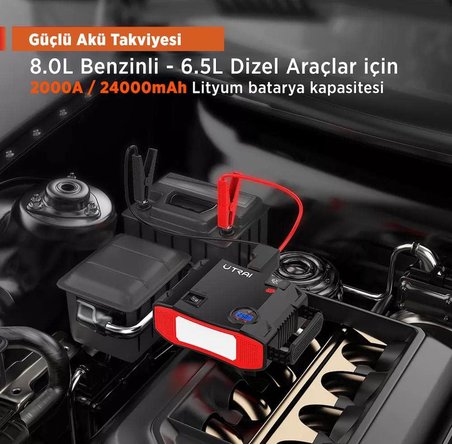 Jstar 5 24000mAh 2000A Jump Starter + Lastik Şişirme Pompası Taşınabilir Akü Takviye Cihazı (Çanta + LCD Ekran + Powerbank + Led Lamba)