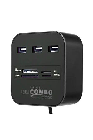 Hadron HDX7006-S USB-A 2.0 - 3xUSB 2.0 Hub + MS/SD/M2/TF Kart Okuyuculu USB Çoklayıcı - Siyah