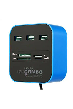 Hadron HDX7006-SM USB 2.0 - 3xUSB 2.0 Hub + MS/SD/M2/TF Kart Okuyuculu USB Çoklayıcı - Siyah-Mavi