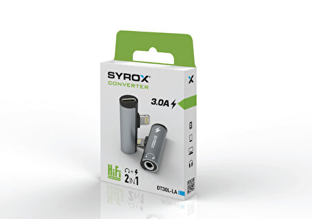 Syrox DT30L-LA Lightning - 1xLightning + 1x3.5mm AUX Midi Ses ve Şarj Ayırıcı Dönüştürücü - Gri