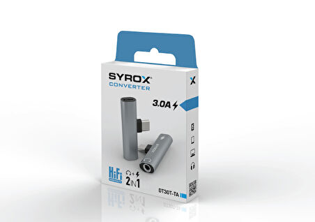 Syrox DT30T-TA Maxi Type-C - 1xType-C + 1x3.5mm AUX Ses ve Şarj Ayırıcı Dönüştürücü - Gri