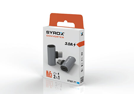 Syrox DT30T-TT Type-C - 2xType-C Mini Ses ve Şarj Ayırıcı Dönüştürücü - Gri