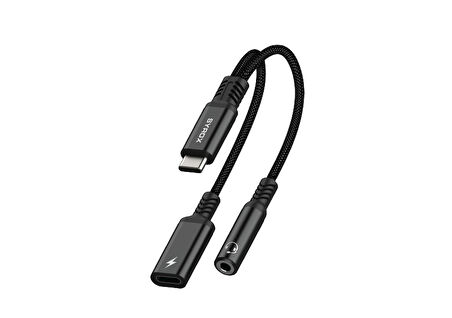 Syrox DT40T-TA Type-C - 1xType-C + 1x3.5mm AUX 2in1  Ses ve Şarj Ayırıcı Dönüştürücü - Siyah