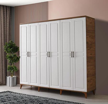 Ücretsiz Montaj - 100% MDF Sport 6 Kapaklı Beyaz Gardırop - MDF Dolap - Elbise Dolabı