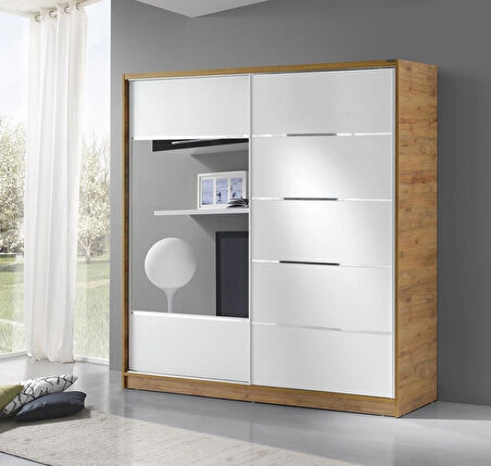 Ücretsiz Montaj - 100 % MDF 160 Cm Sürgülü Ceviz Beyaz Gardırop-Ray Dolap Elbise Dolabı 