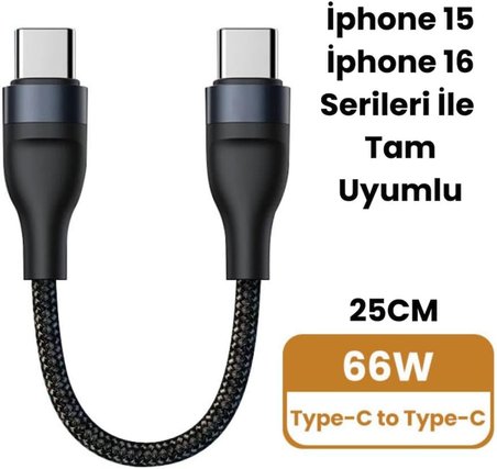 Super Şarj 5A 66W Type-C Şarj Kablosu Kısa Type-C Powerbank Şarj Kablosu Örgü Kopmaz Kablo