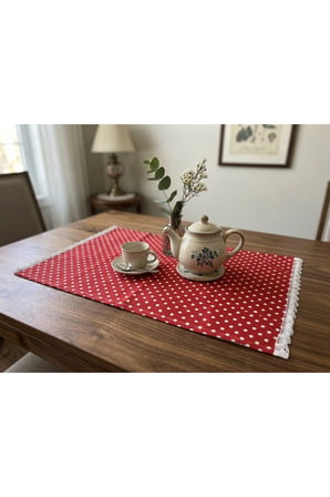 Puantiyeli Dantelli Kırmızı Masa Örtüsü Runner 85x50 cm - Mutfak Ve Salon Dekoru